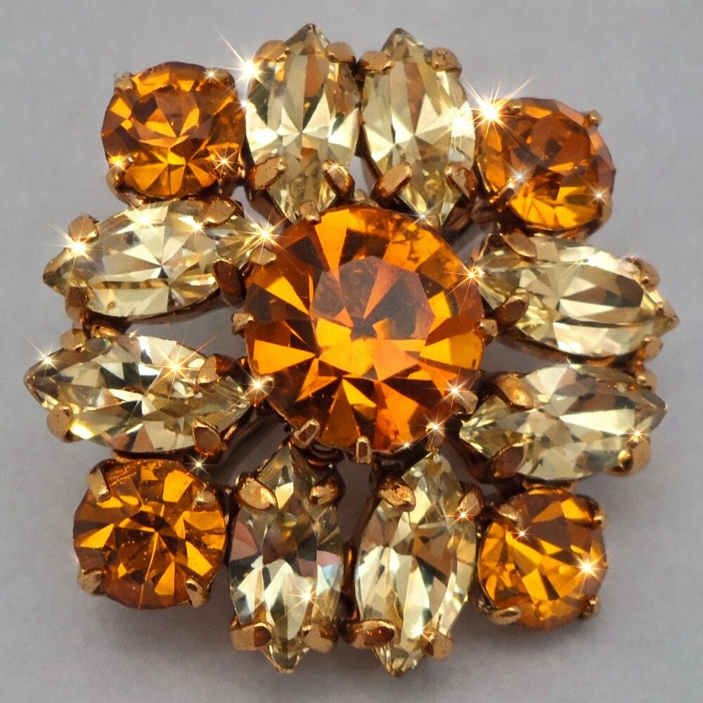 Vintage Unsigned Gold Orange Citrine Topaz Crystal Brooch